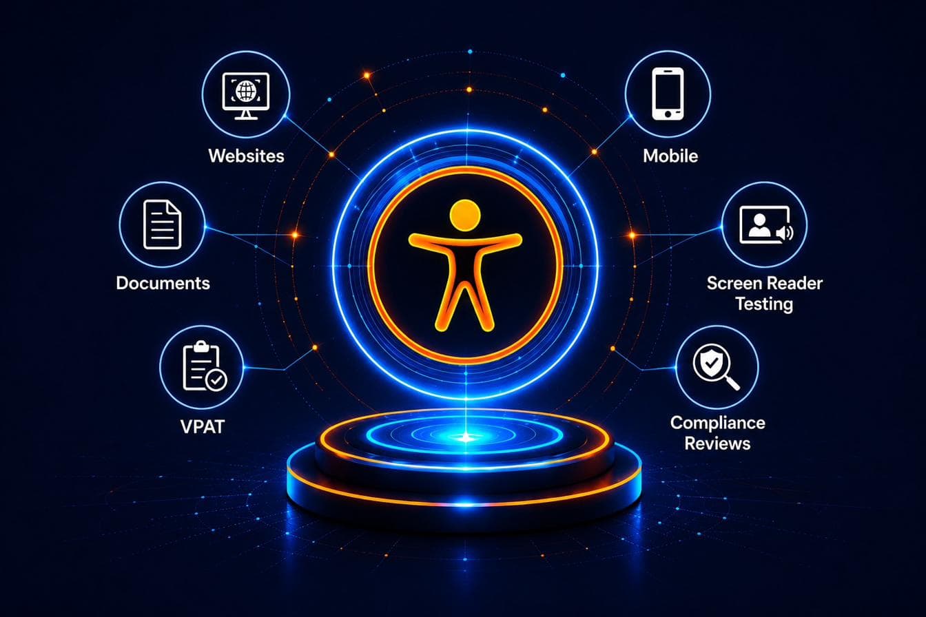 Diagram of the accessibility ecosystem Pinnacle covers: websites and apps, mobile, documents, screen readers, VPAT, and compliance reviews, arranged around a central accessibility icon